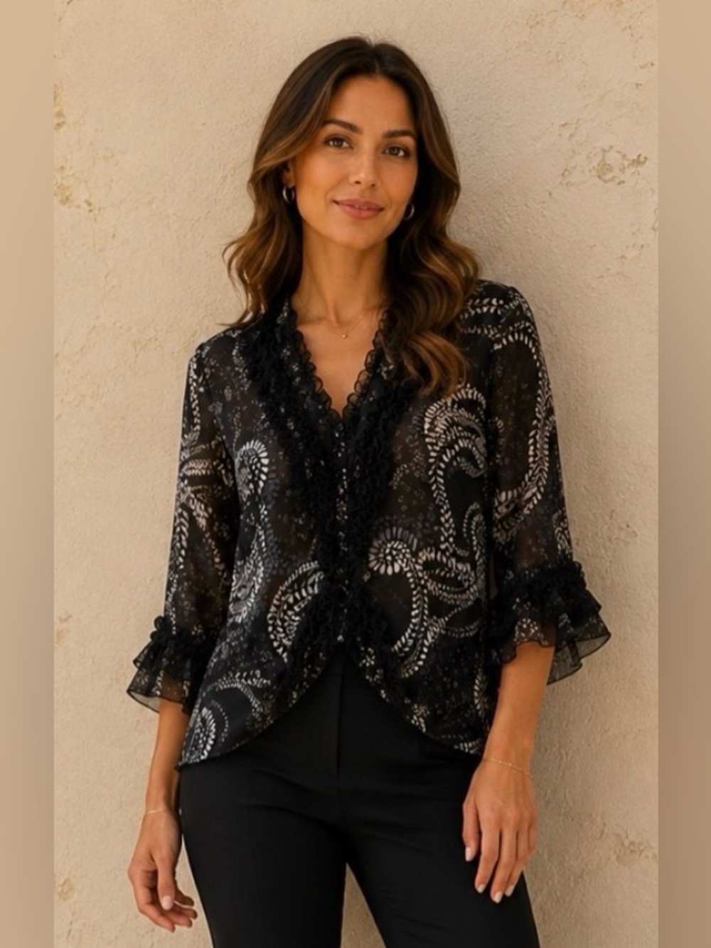 Larry Levine Black and White Sheer Paisley Ruffled Blouse Size Medium